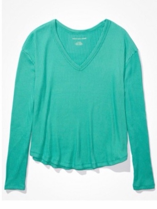 American Eagle Outfitters Tops - American Eagle V-Neck Plush Long Sleeve Ribbed Top Caribbean Green Size Small